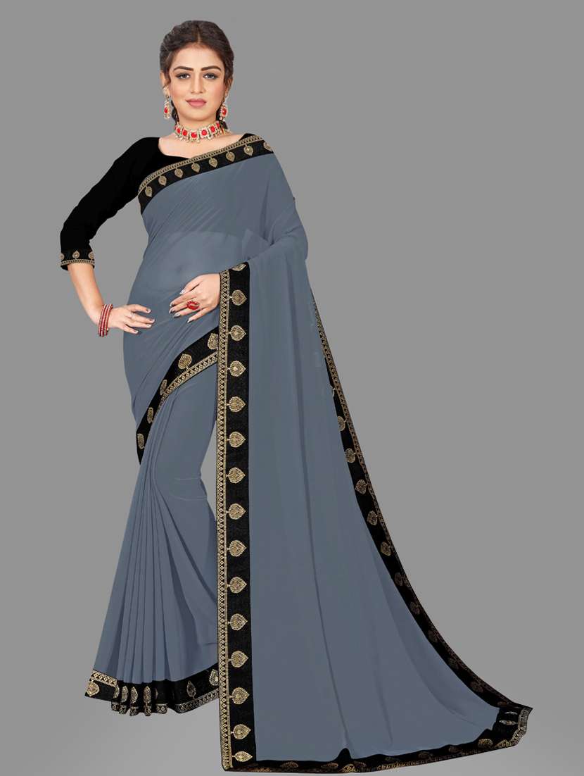 women's bordered royal blue colored saree with blouse