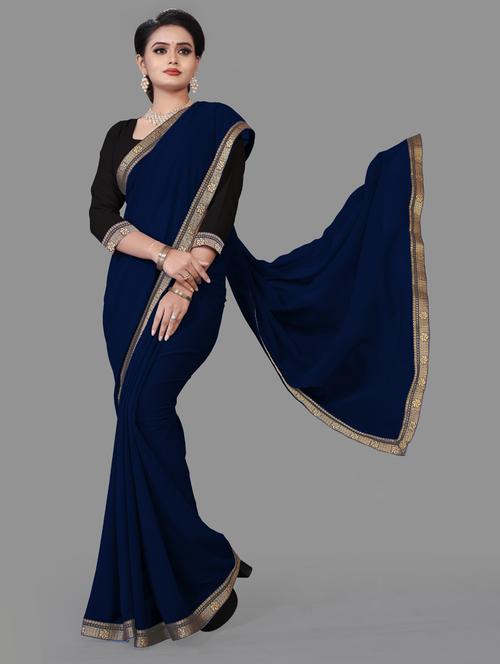 women's bordered navy blue colored saree with blouse - 18909566 -  Standard Image - 0