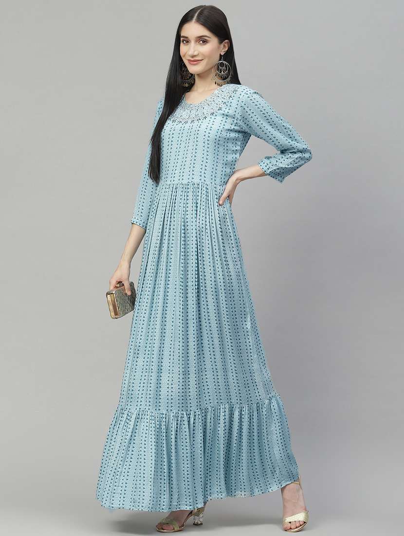 blue satin fit & flare ethnic dress - 18913370 -  Standard Image - 3