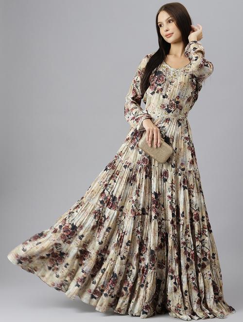 grey satin fit & flare ethnic dress - 18913372 -  Standard Image - 0