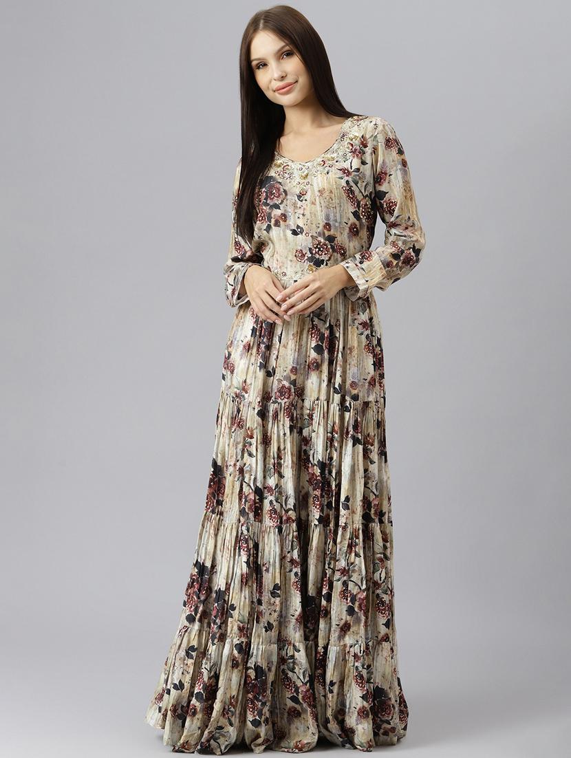 grey satin fit & flare ethnic dress - 18913372 - Standard Image - 3