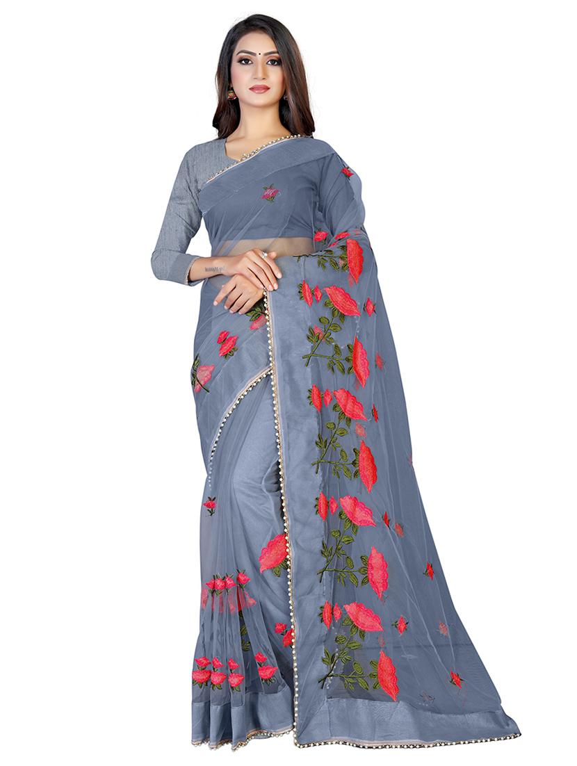grey embroidered saree with blouse - 18929164 -  Zoom Image - 0