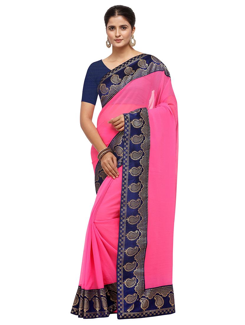 pink solid with bordered saree with blouse - 18929171 - Zoom Image - 0