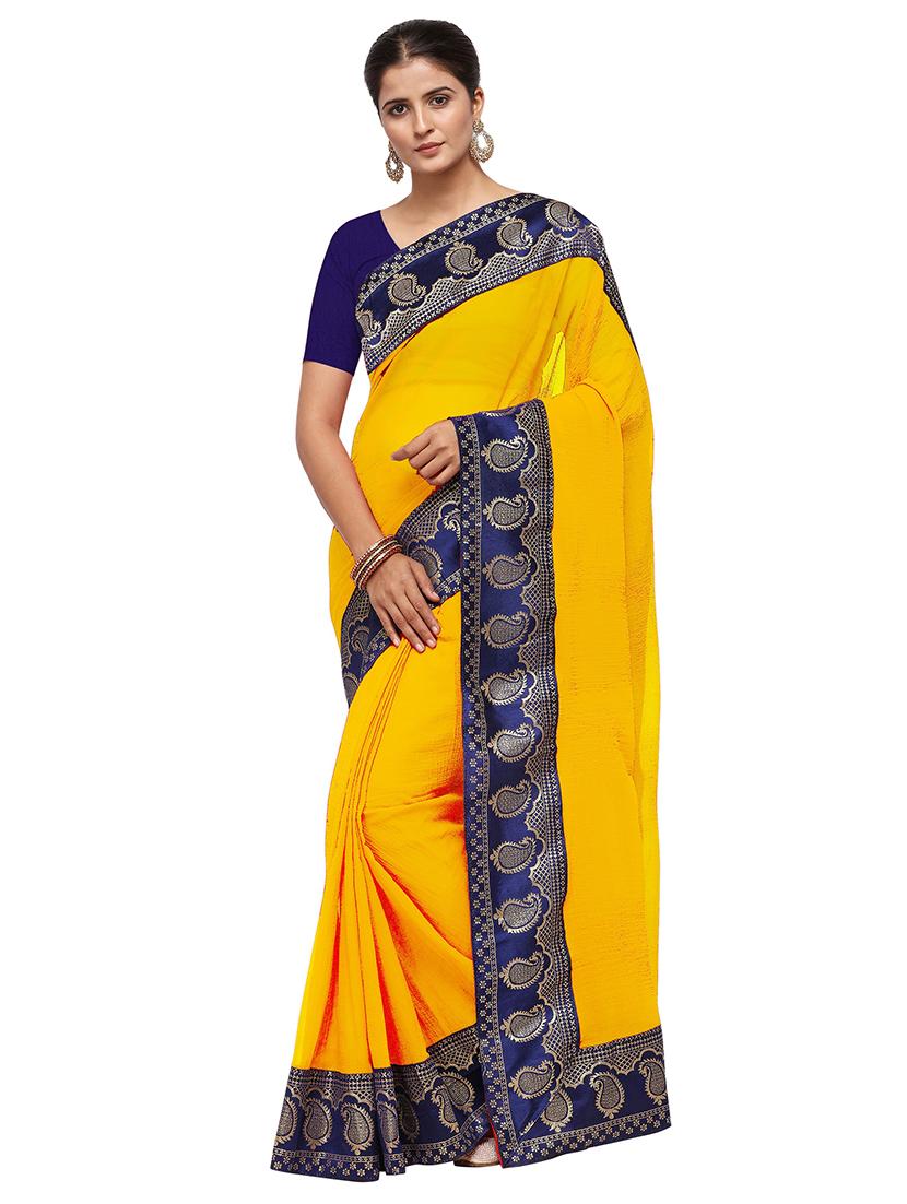 yellow solid with bordered saree with blouse - 18929175 - Zoom Image - 0