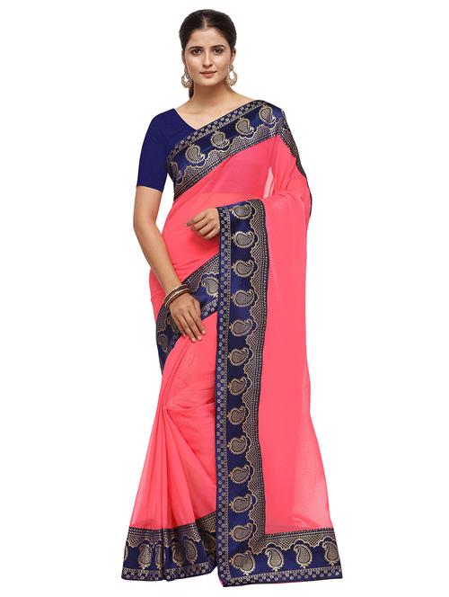 pink solid with bordered saree  with blouse - 18929177 -  Standard Image - 0