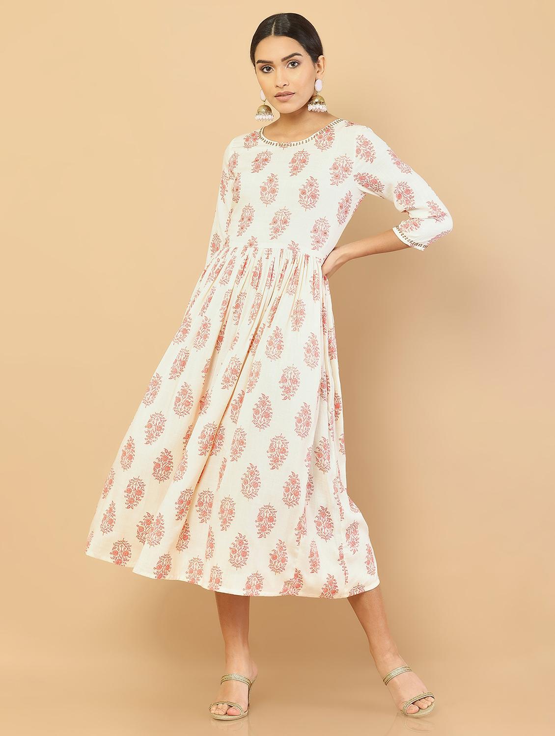 orange block print a-line kurta - 18932277 - Zoom Image - 0
