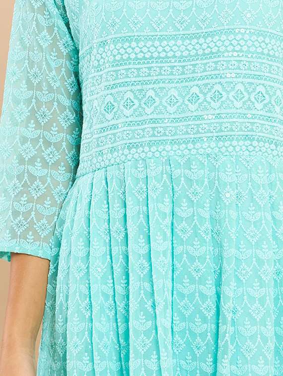 blue coloured jacquard a-line kurta - 18932470 -  Standard Image - 3