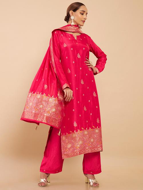 red coloured embroidered lehenga unstitched suit - 18935077 - Standard Image - 0