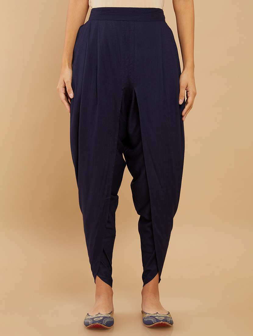 Buy online Navy Blue Silk Blend Straight Tapered Pant from Skirts