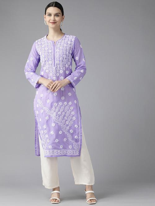 ada hand-embroidered lavender chikankari straight kurta - 18940366 - Standard Image - 0