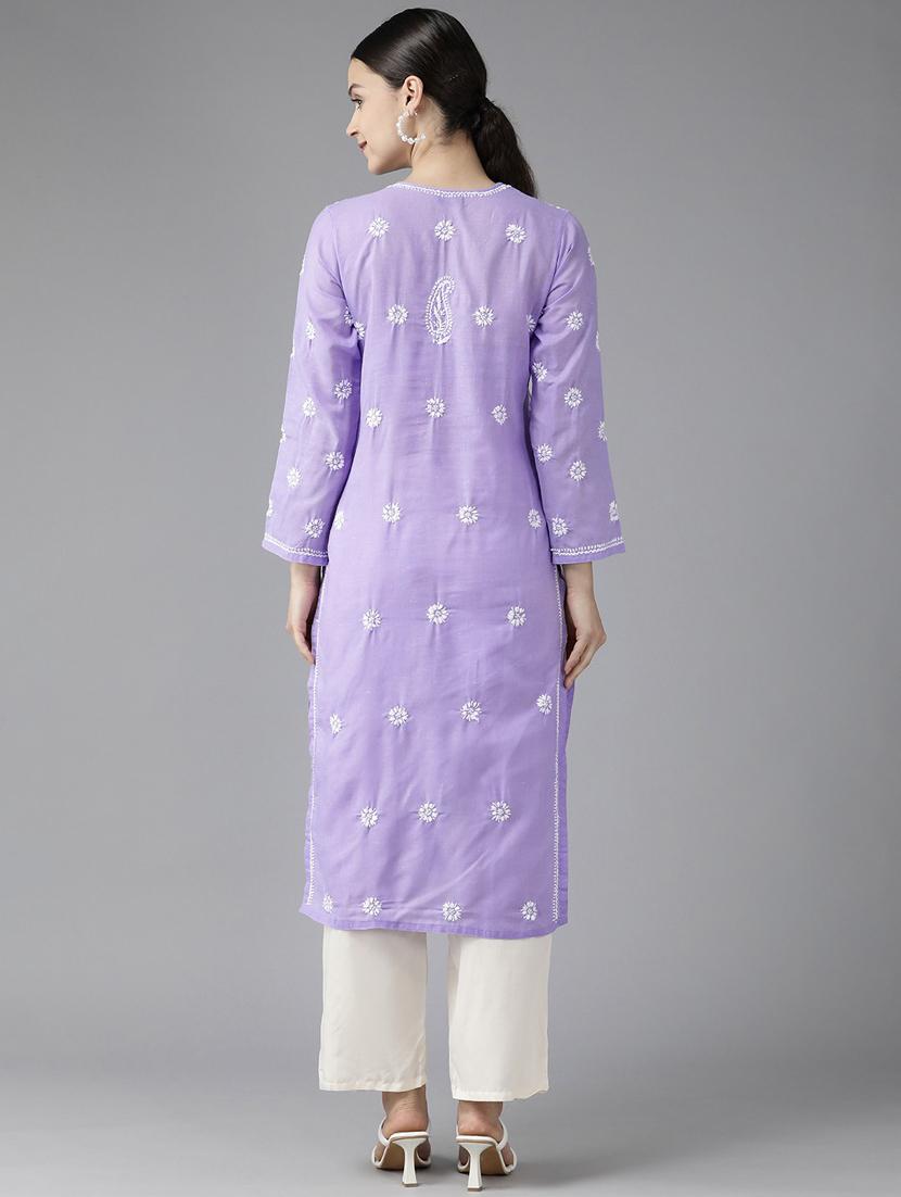 ada hand-embroidered lavender chikankari straight kurta - 18940366 - Standard Image - 3