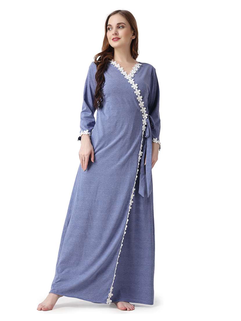 blue solid v-neck wrap nighty - 18950788 - Zoom Image - 0