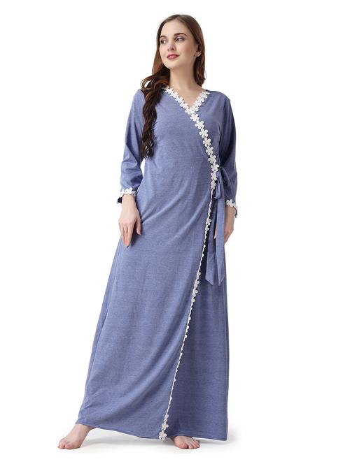 blue solid v-neck wrap nighty - 18950789 -  Standard Image - 0