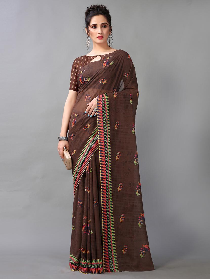 brown georgette printed saree with blouse - 18958842 - Zoom Image - 0