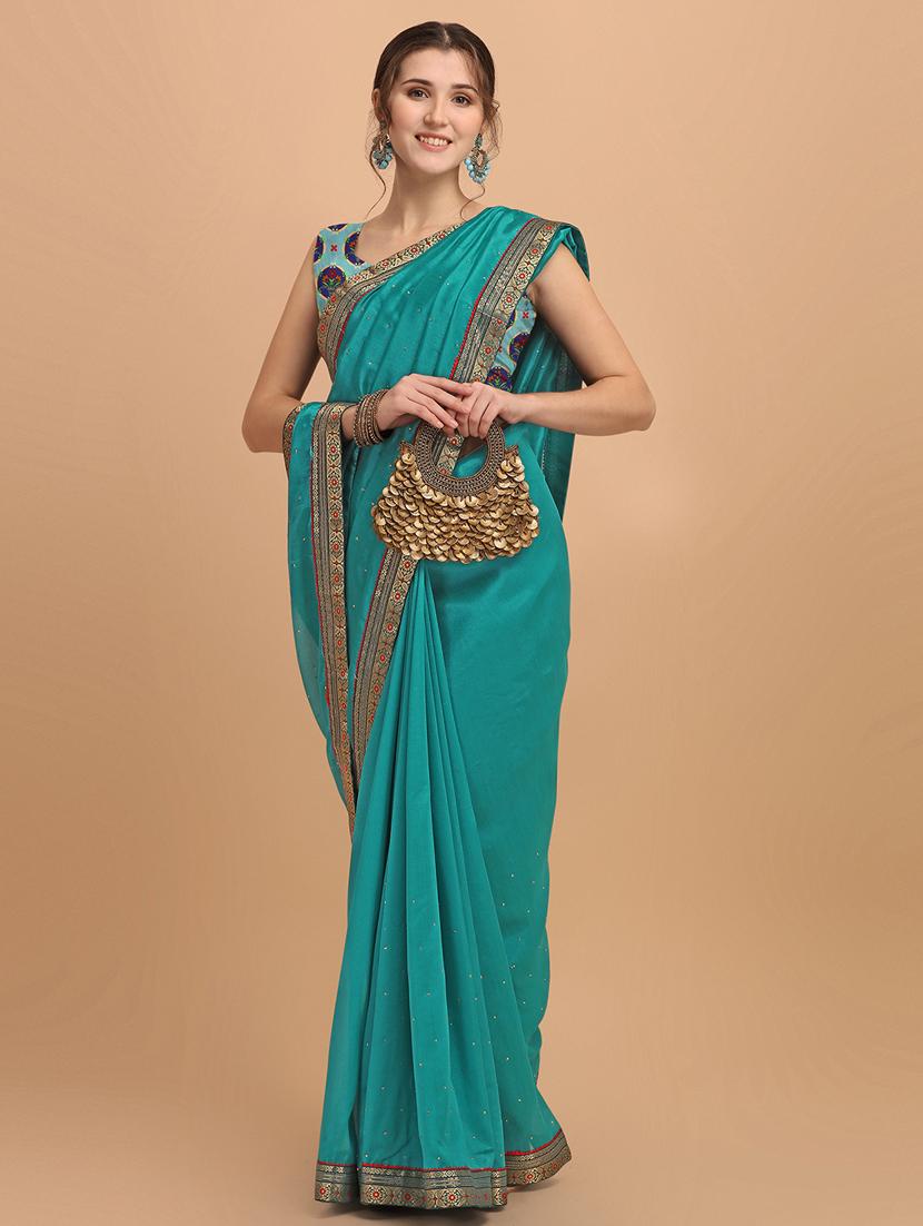 women's bordered turquoise colored saree - 18958870 - Zoom Image - 0