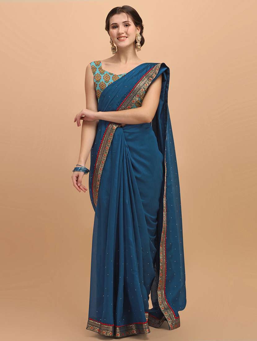 women's bordered blue colored saree with blouse - 18958874 - Zoom Image - 0