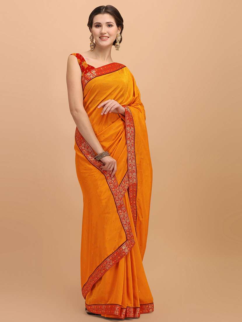 women's bordered mustard colored saree with blouse - 18958875 - Zoom Image - 0