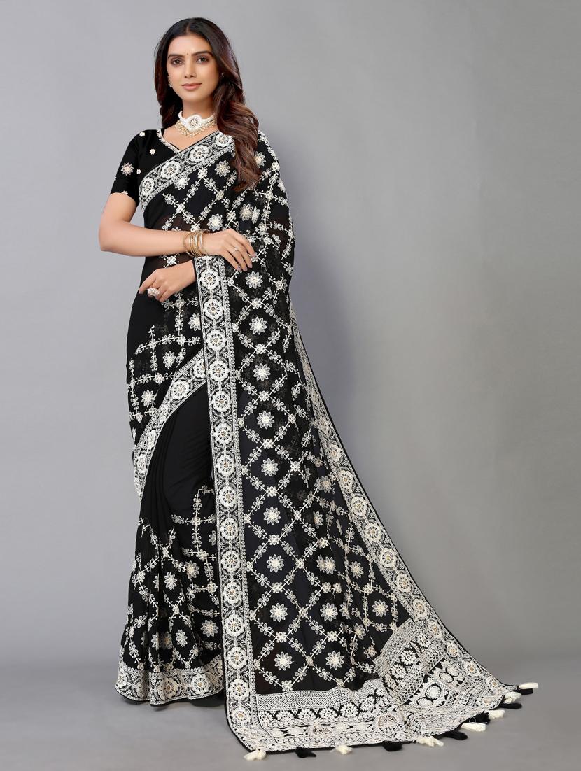 black georgette embroidered saree with blouse - 18958879 -  Zoom Image - 0