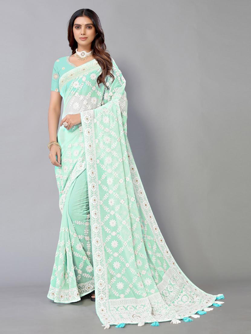 turquoise georgette embroidered saree with blouse - 18958882 -  Zoom Image - 0