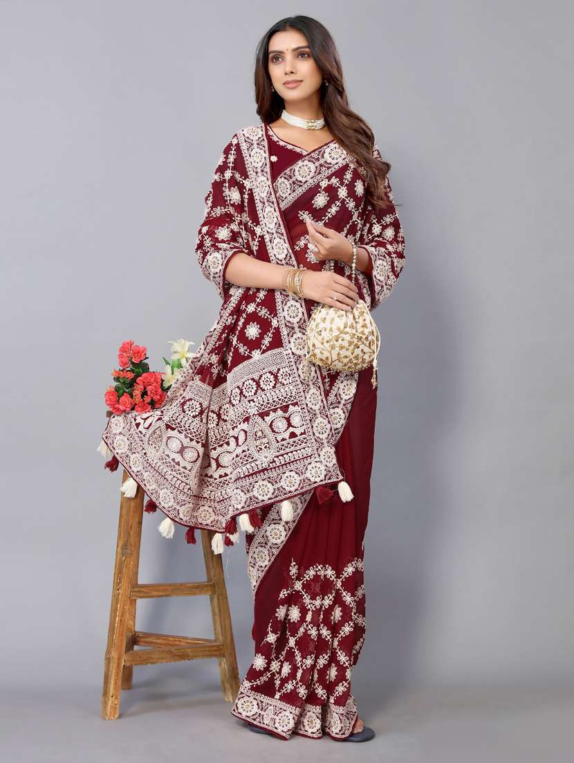 maroon georgette embroidered saree with blouse