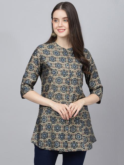 grey mandarin neck printed a-line tunic - 18959481 - Standard Image - 0
