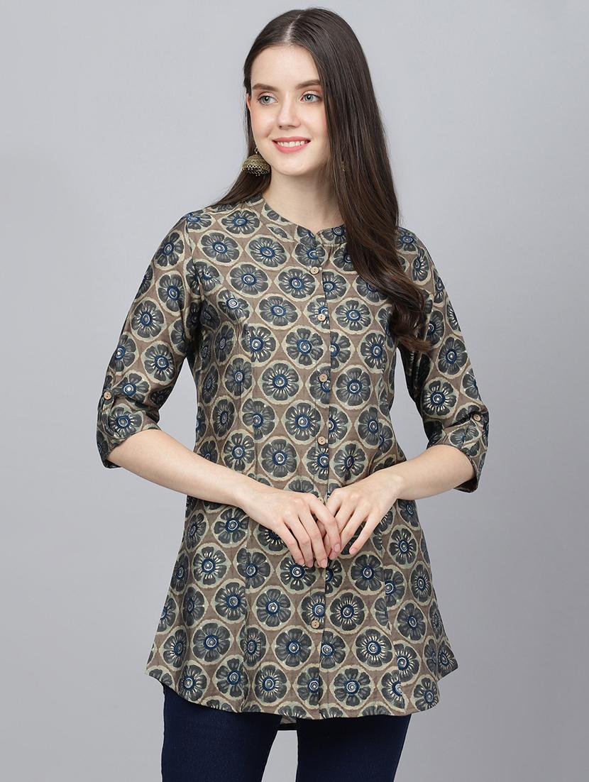 grey mandarin neck printed a-line tunic - 18959481 - Zoom Image - 0
