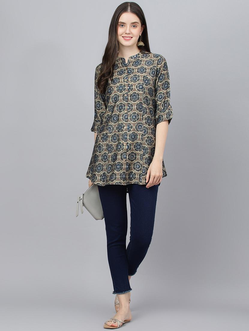grey mandarin neck printed a-line tunic - 18959481 - Standard Image - 3