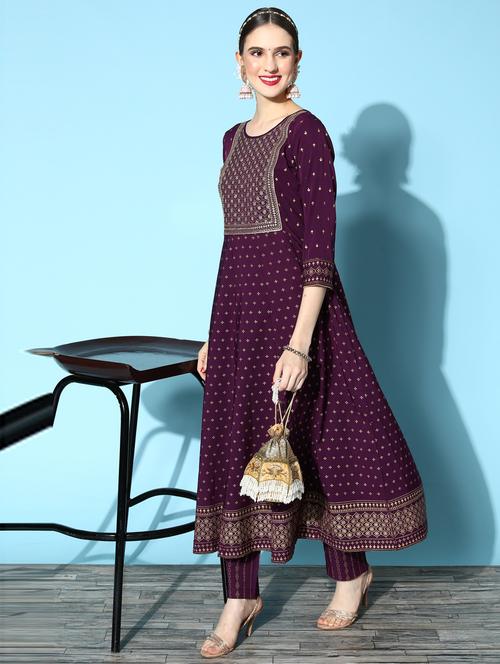 embroidered foil printed a-line kurta pant set - 18961826 - Standard Image - 0