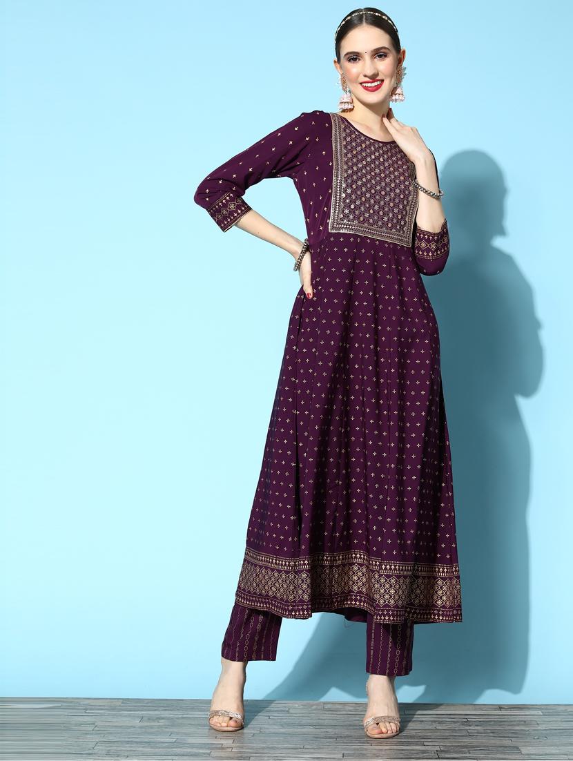 embroidered foil printed a-line kurta pant set - 18961826 - Standard Image - 3