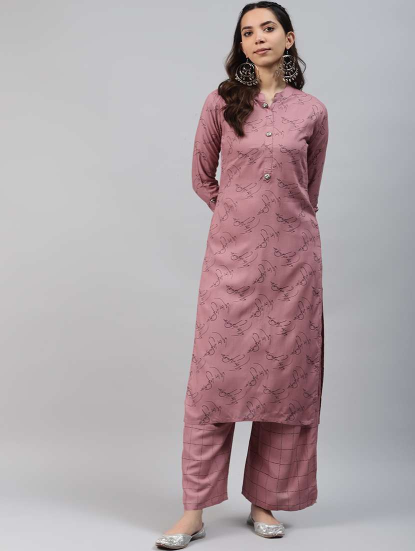 women printed three quarter sleeve kurta and palazzo set