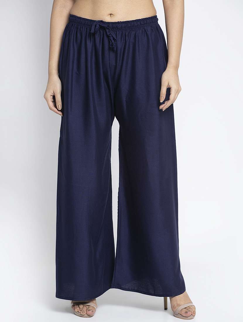 navy blue solid flared palazzo - 18984177 -  Zoom Image - 0