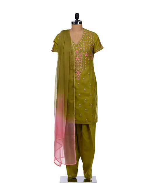 Mehendi Green And Pink Embroidered Suit - Vedanta