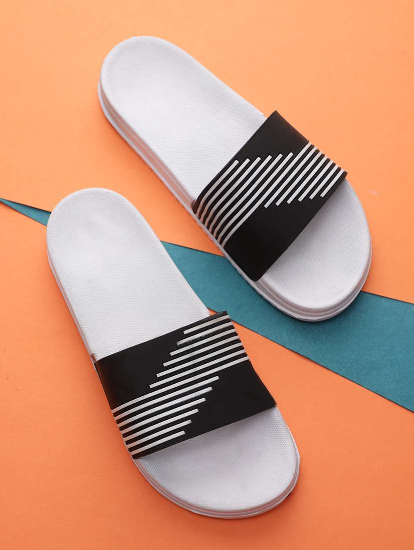white synthetic & mesh slip on flip flops