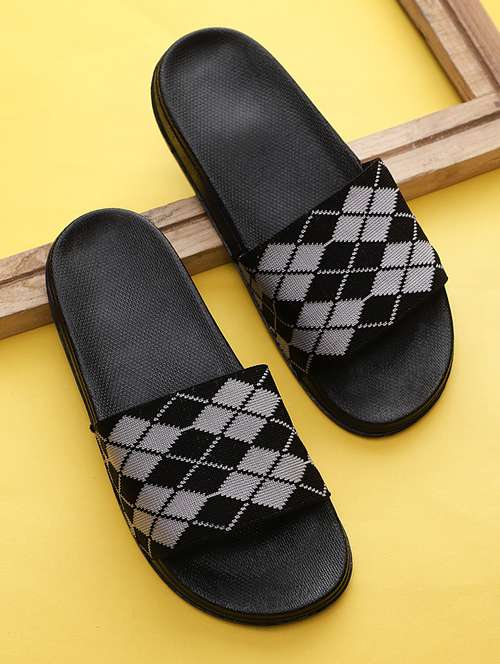 black synthetic & mesh slip on flip flops