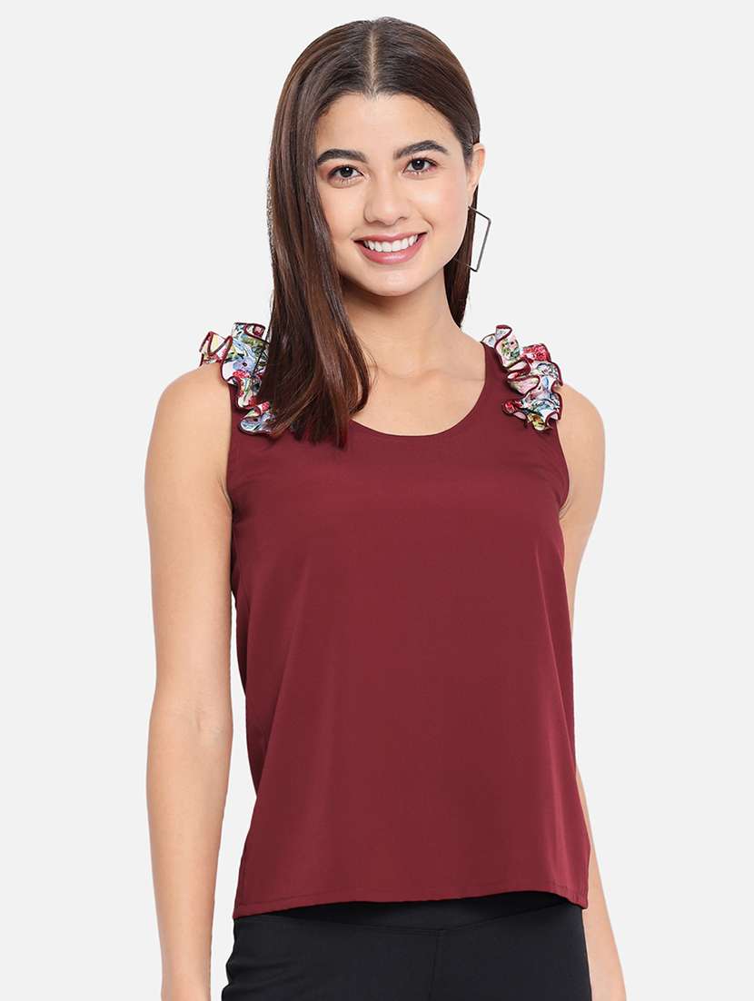 women maroon round neck solids top