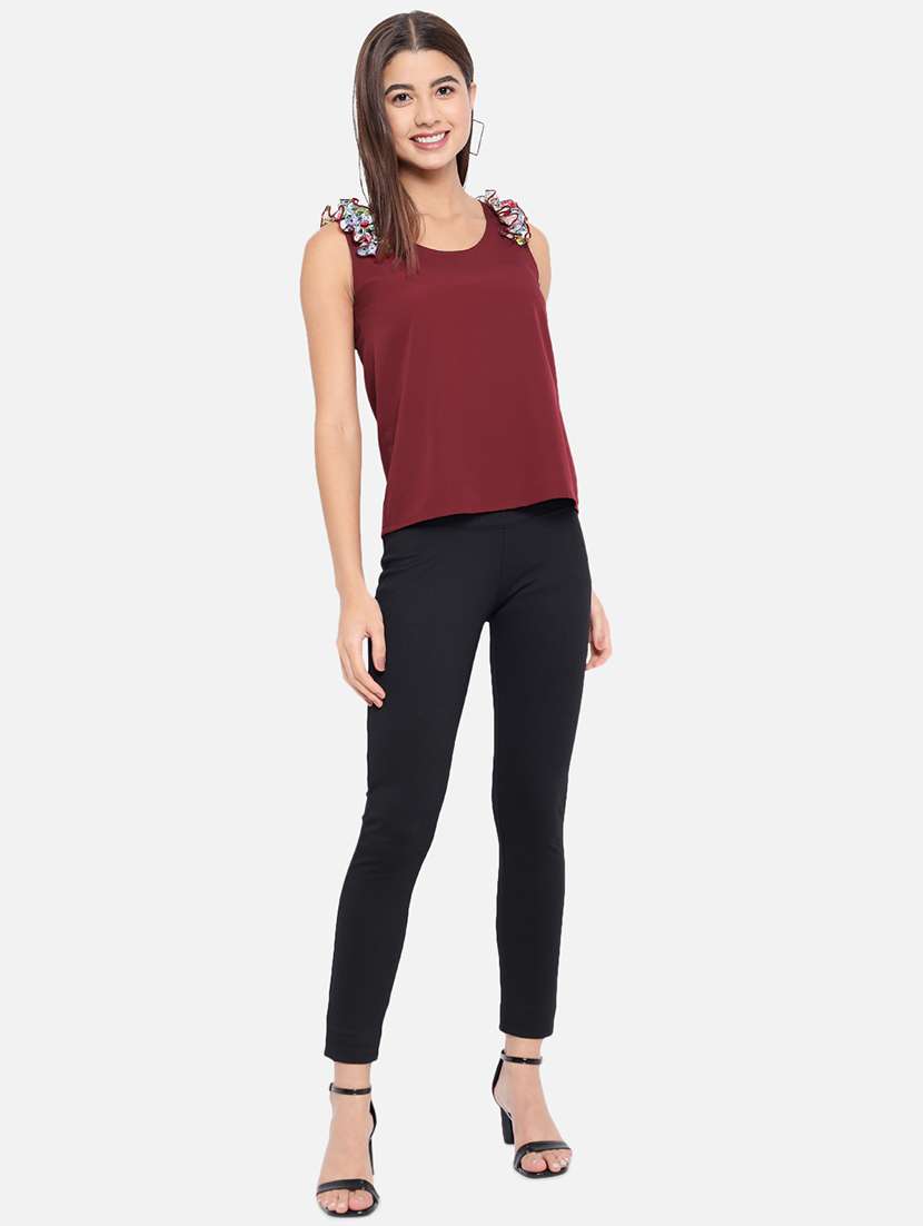 women maroon round neck solids top - 19036405 -  Standard Image - 3