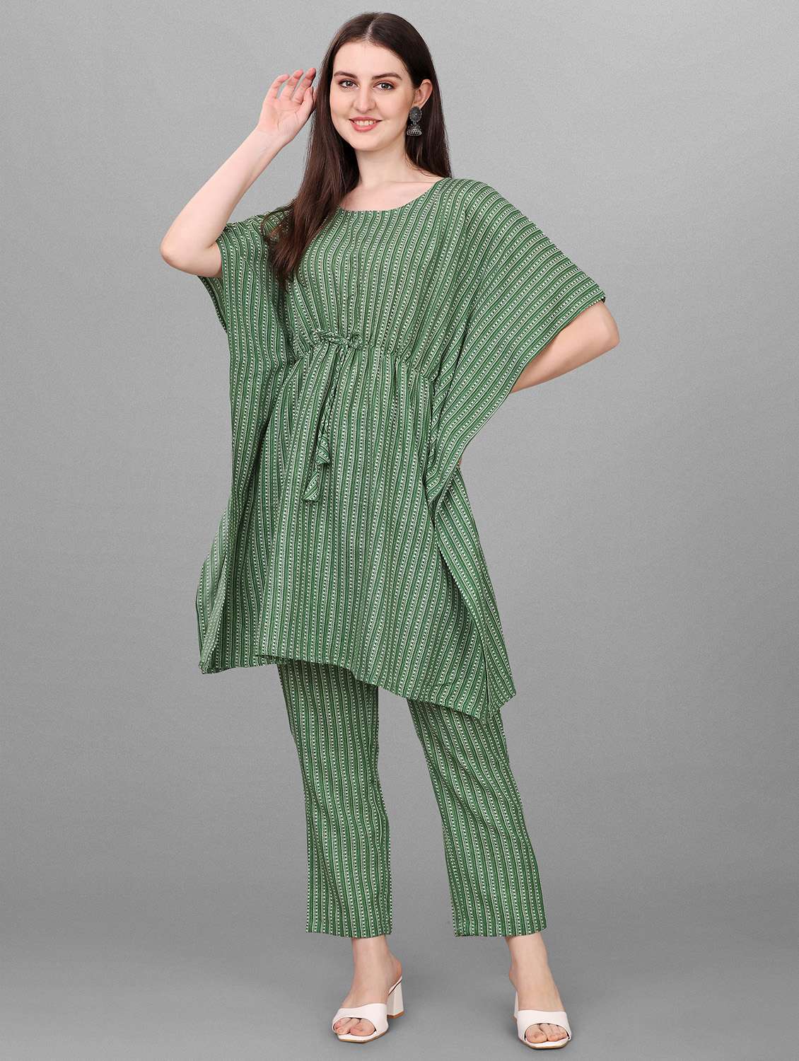 green cotton kaftan  set