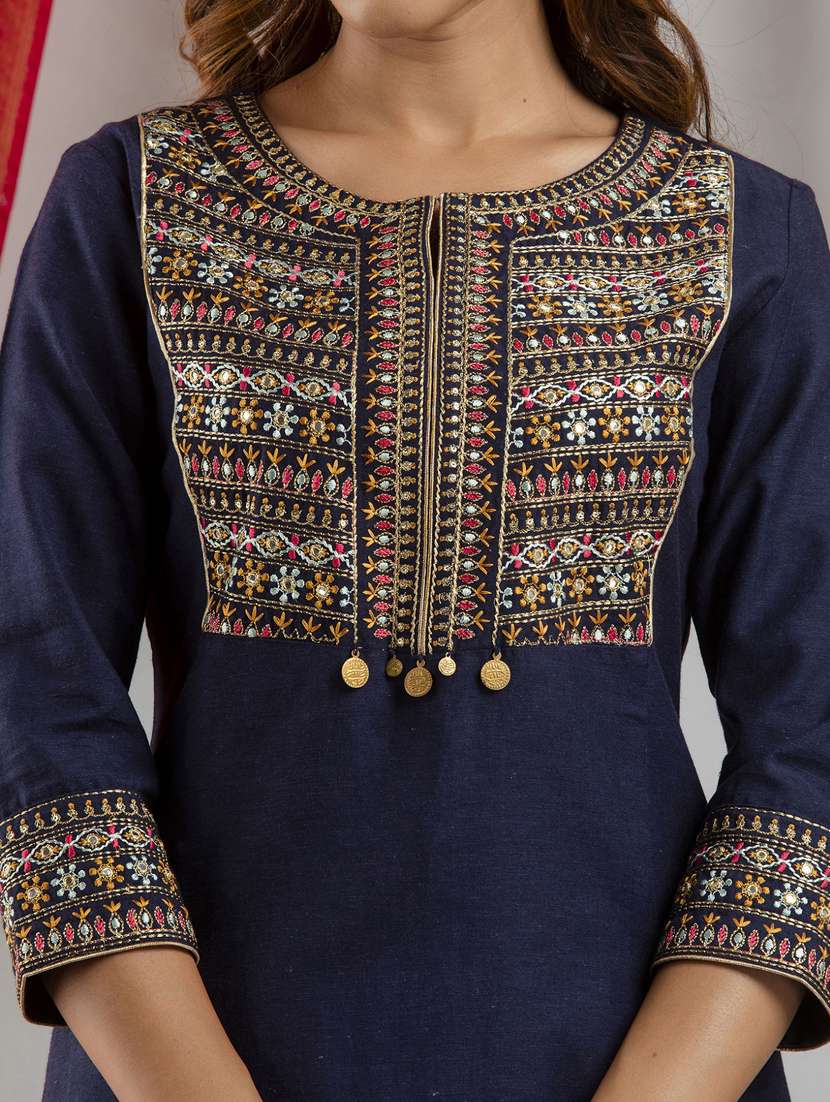 navy embroidered rayon straight kurta - 19082417 -  Standard Image - 3