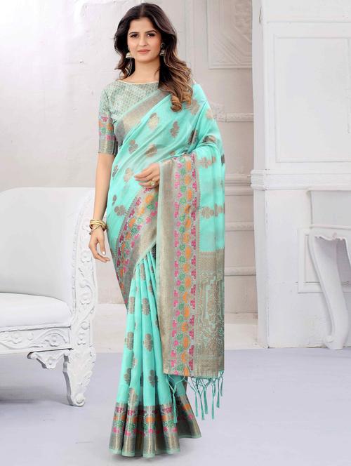 blue cotton silk  set saree with blouse - 19082926 -  Standard Image - 0
