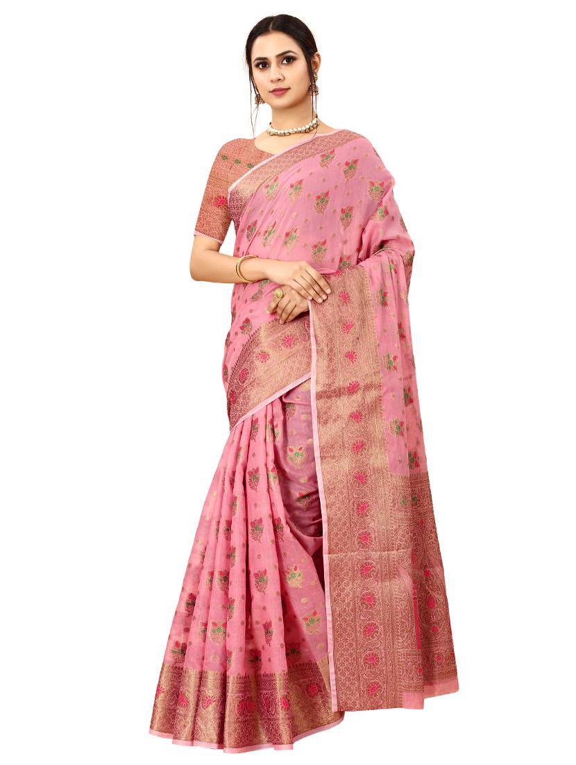 pink cotton silk  set saree with blouse - 19082936 -  Zoom Image - 0