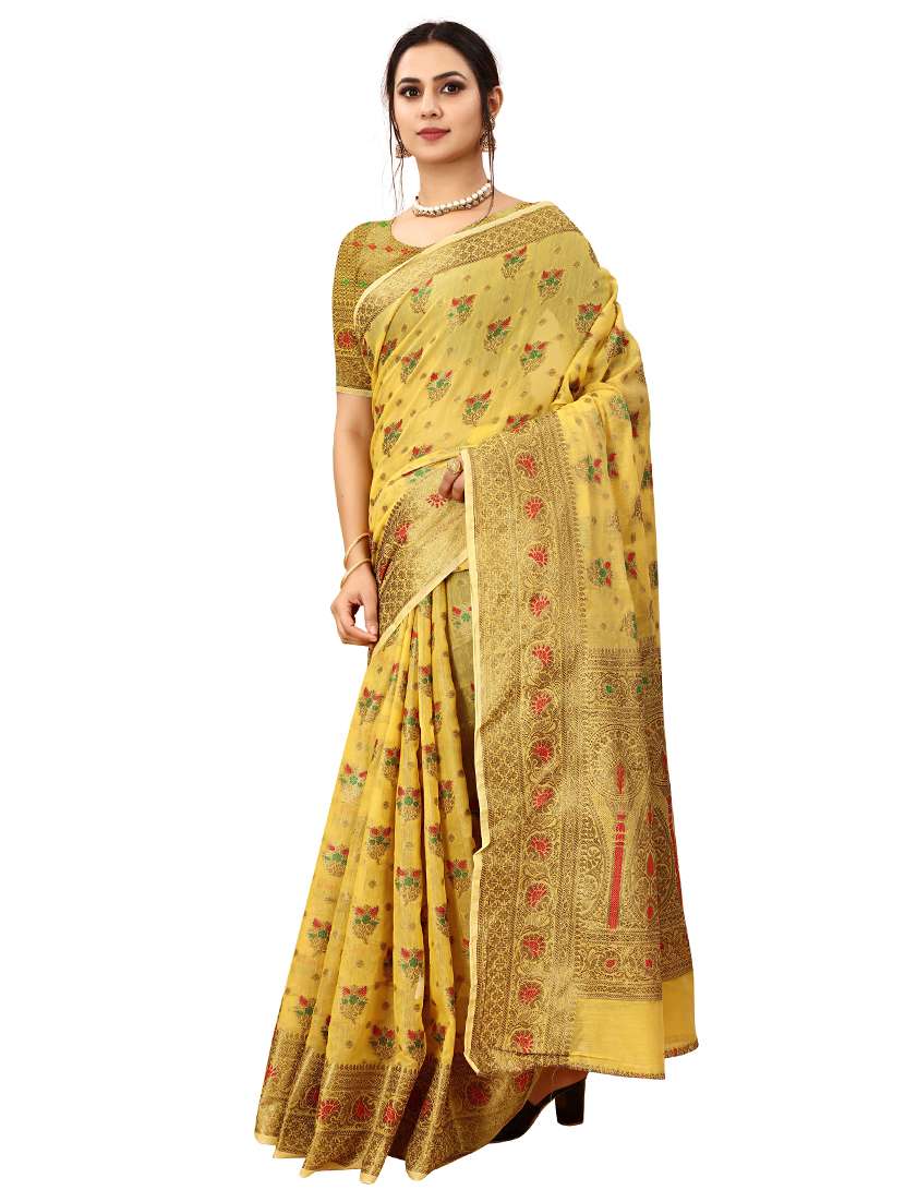yellow cotton silk  set saree - 19082938 -  Zoom Image - 0