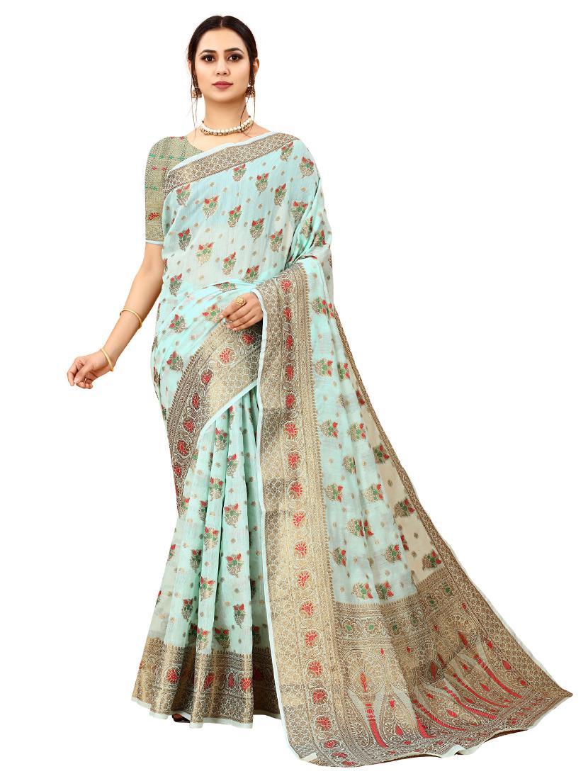 blue cotton silk  set saree with blouse - 19082941 -  Zoom Image - 0