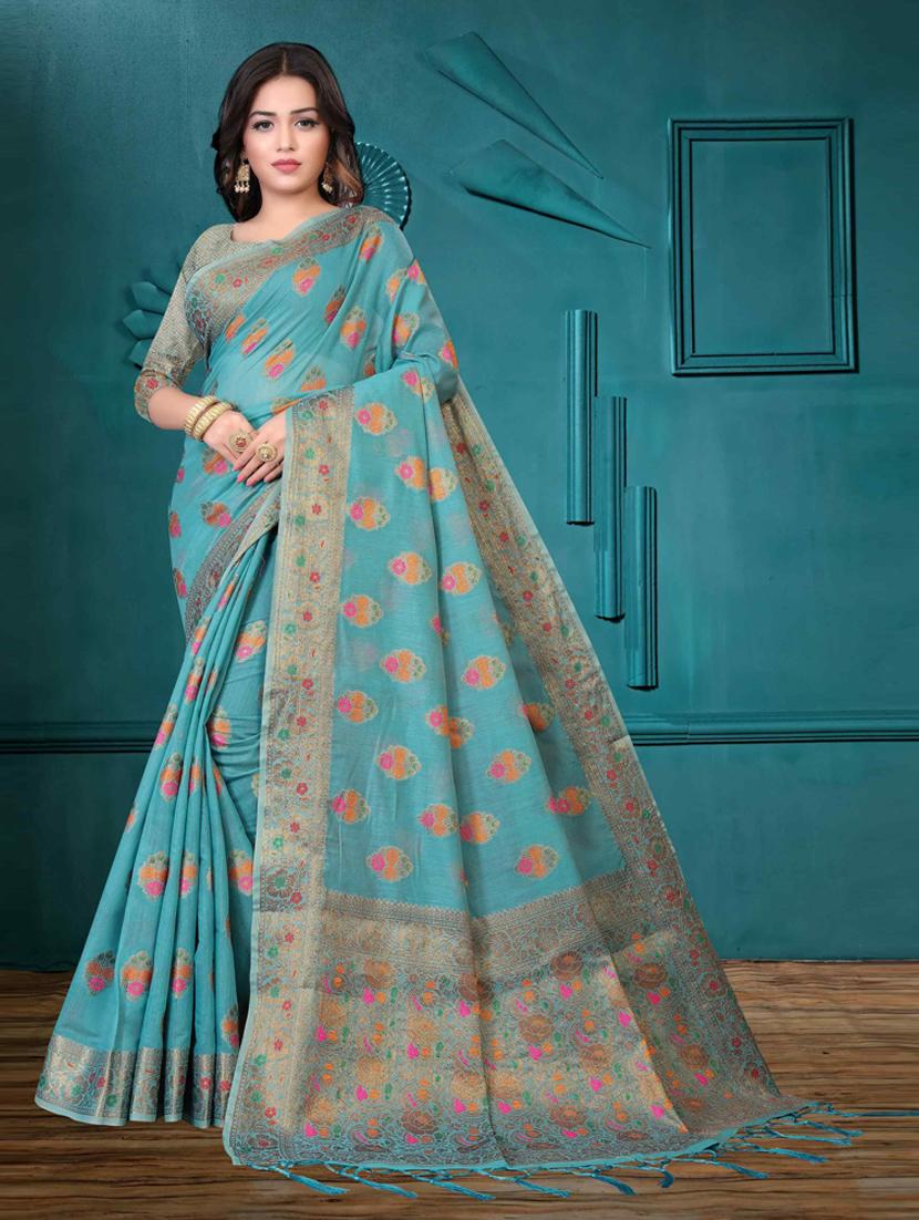blue cotton silk set saree with blouse - 19082996 - Zoom Image - 0