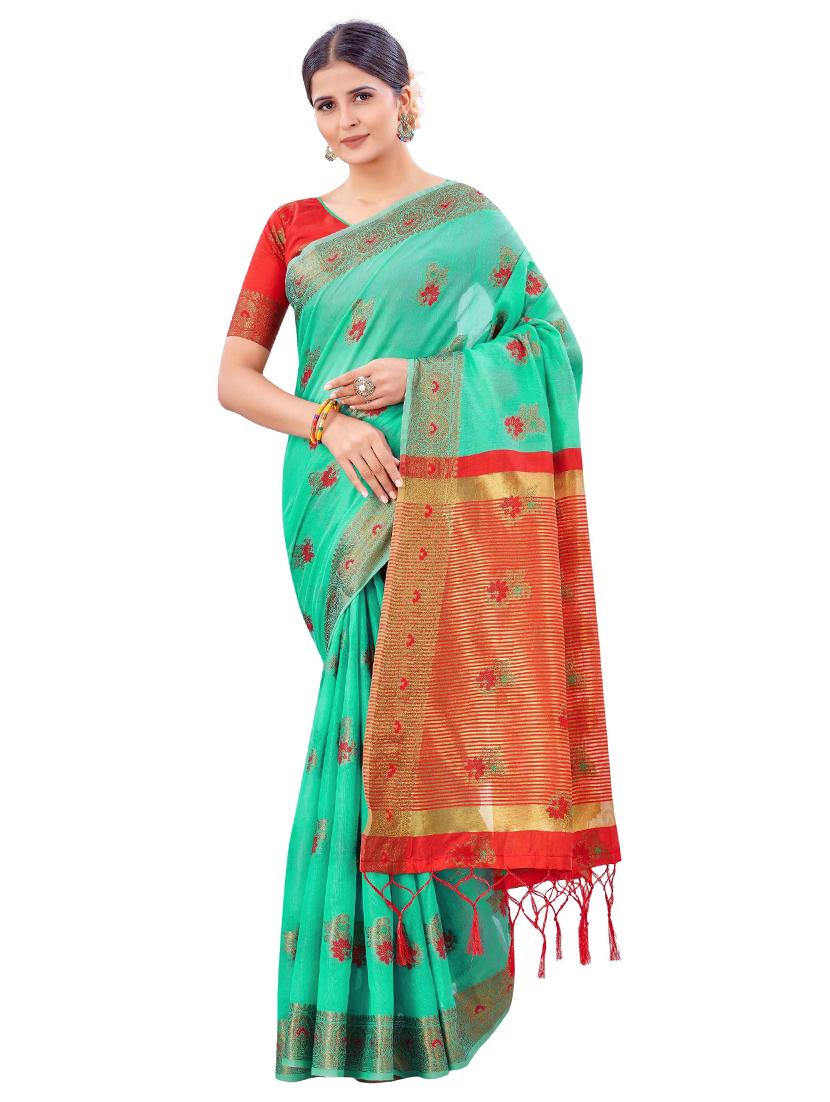 green cotton silk set saree with blouse - 19082998 - Zoom Image - 0