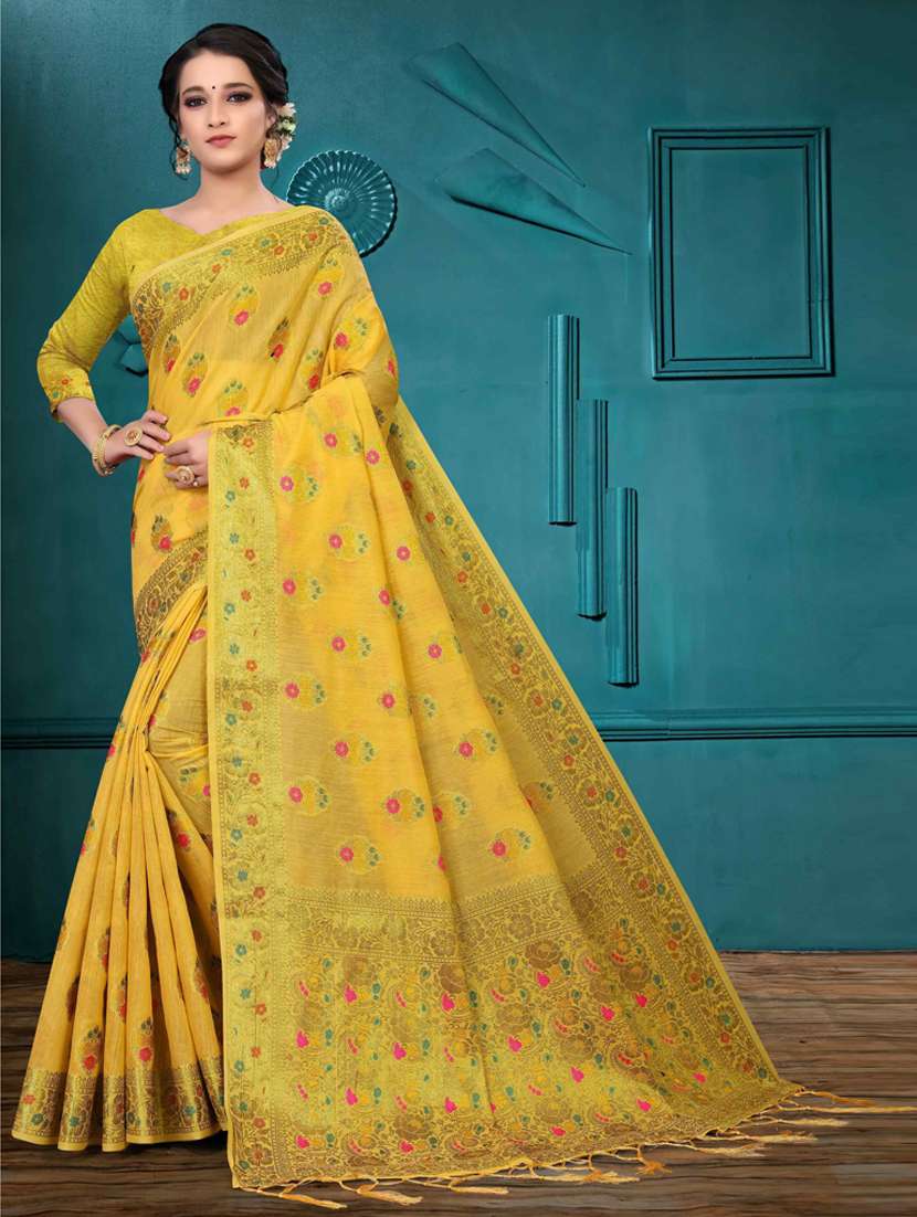 yellow cotton silk set saree with blouse - 19083025 - Zoom Image - 0