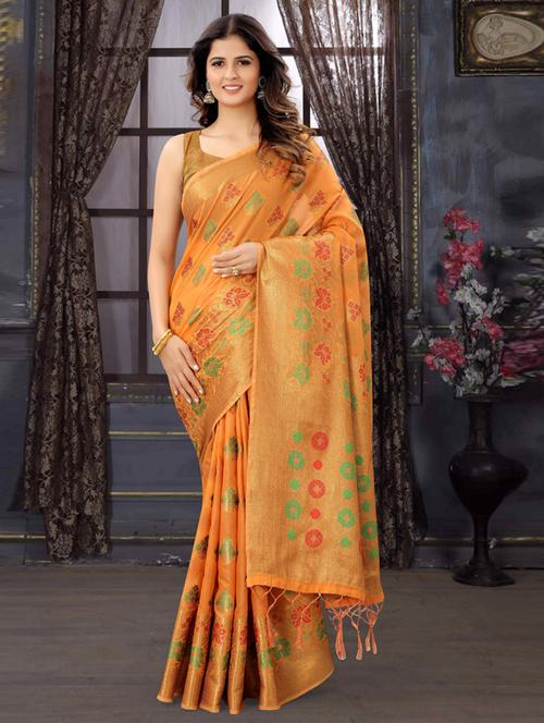 orange cotton silk set saree with blouse - 19083038 - Standard Image - 0