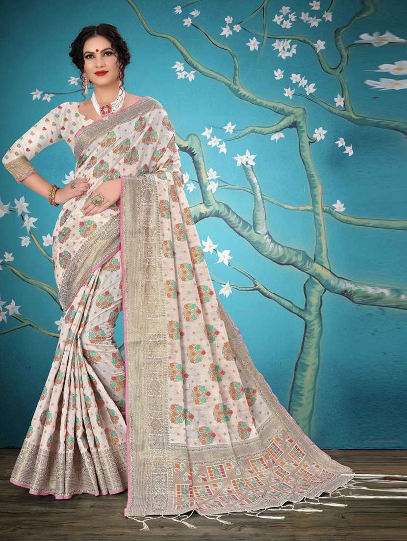 white cotton silk set saree - 19083040 - Zoom Image - 0