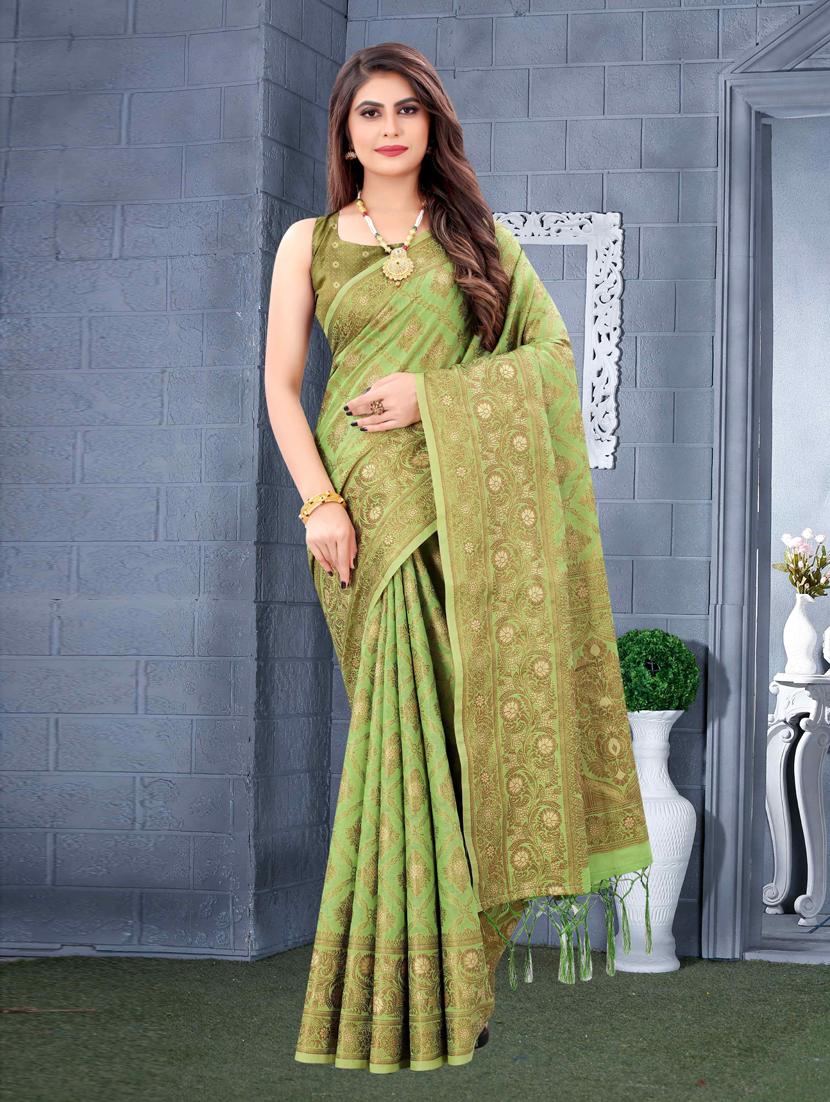 green cotton silk set saree with blouse - 19083050 - Zoom Image - 0