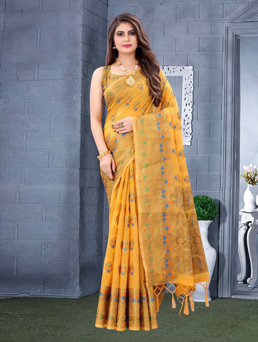 yellow lycra set saree - 19083051 - Zoom Image - 0