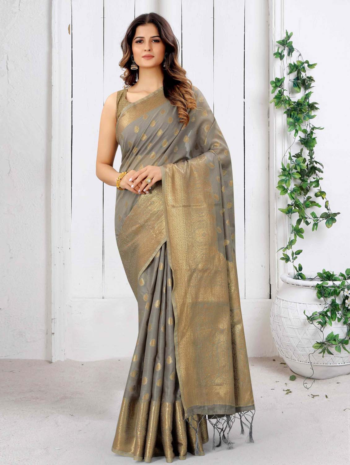 self design zari work woven saree with blouse - 19083133 -  Zoom Image - 0